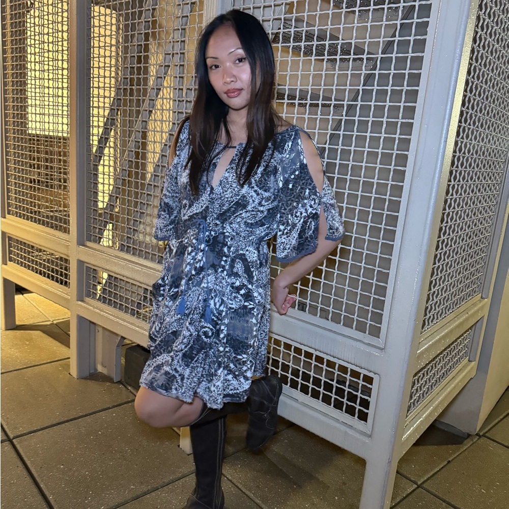 Free People Midnight Blue, White & Gray Patterned Mini Dress w Waist Tie - Small - Picture 2 of 16